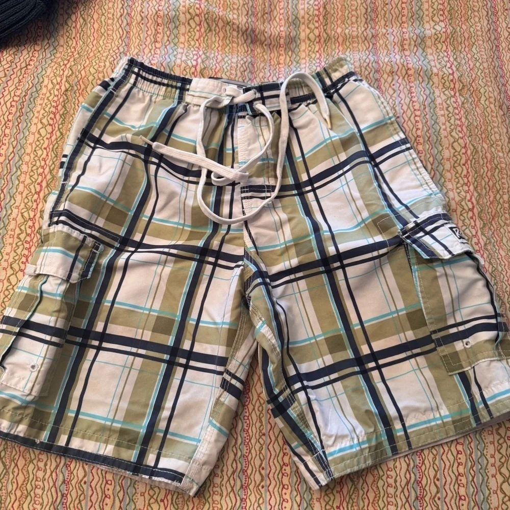 RS Surf Boys Swim Trunks Board Shorts Green White Plaid Lined Tie Waist Size 5